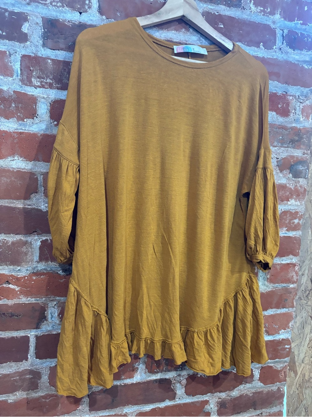 Free People Mustard Ruffle-Hem Puff Sleeve Tunic